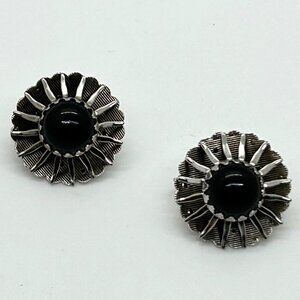 Sarah Coventry Vintage "Black Beauty" Silver-Tone Clip-On Earrings W/ Black Cabo